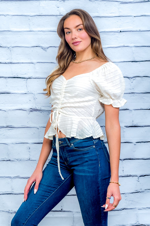 Peplum Crop Top with Drawstring Front and Ruffled Short Sleeve (Y21062) - Wholesale Fashion Couture 