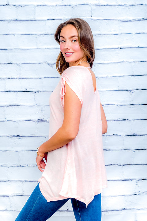 V-Neck Handkerchief Hem Tunic Top with Drawstring Tie at Sleeves (ET63522) - Wholesale Fashion Couture 
