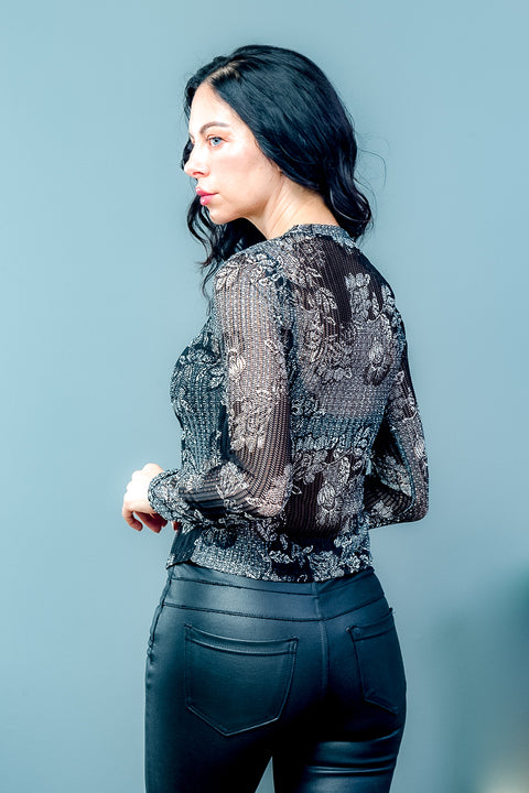 Print Long Sleeve Round Neck Top (28AWK121) Black White / ( S-M-L- 2-2-2)