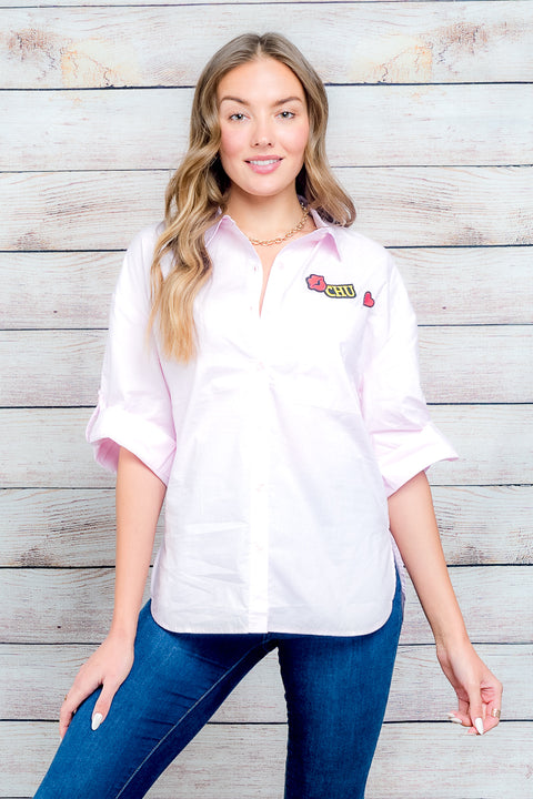 3/4 Sleeve Button Down Top (1327TM) Pink / ( S-M-L- 2-2-2)