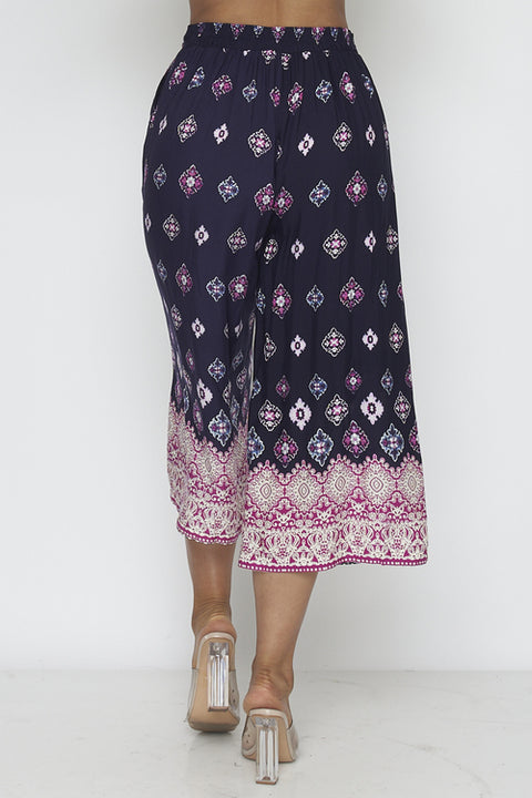 Belted Palazzo Capri Pants Printedâ  (YD8CLT01-08) Navy-Fuschia / ( S-M-L-XL- 1-2-2-1)