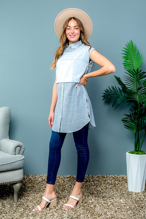 Short Sleeve Stripped Tunic Top (16092) Grey / ( S,M,L- 2,2,2)