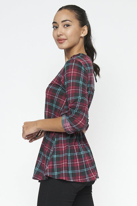 3/4 Sleeve Plaid Top (794300) Wine / ( S-M-L-XL- 1-2-2-1)