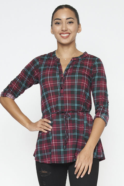 3/4 Sleeve Plaid Top (794300) Wine / ( S-M-L-XL- 1-2-2-1)