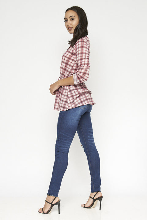 3/4 Sleeve Plaid Top (794300) Pink / ( S-M-L-XL- 1-2-2-1)
