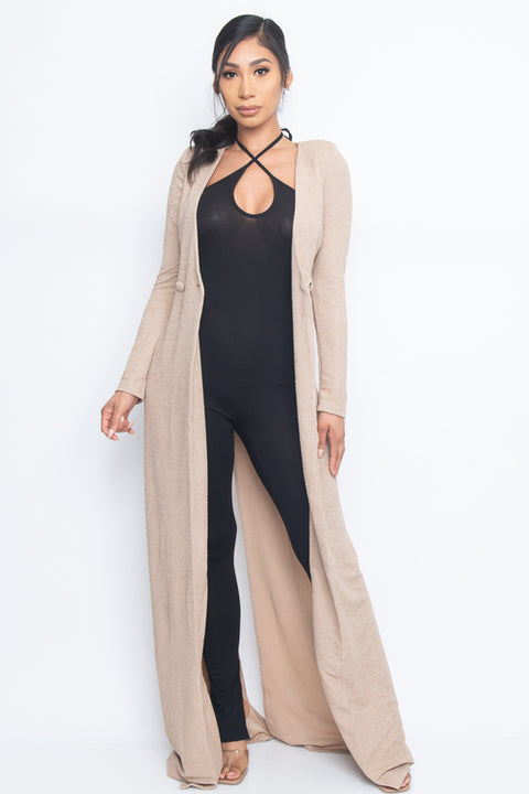 'Maxi Mogul' Long Sleeve Plunge V Neck Double Breasted Maxi Dress Style Duster with Back Split (BE70065) - Wholesale Fashion Couture 