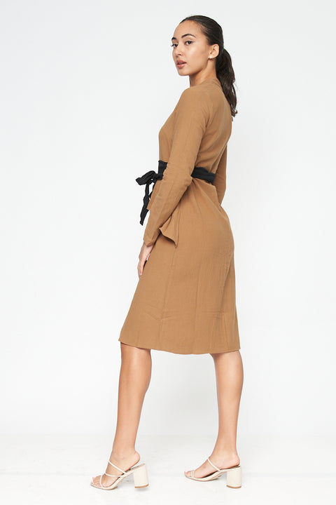 Long Sleeve V Neck Button Down Midi Coat Dress with Peplum and Contrast Black Tie (FL19C959) - Wholesale Fashion Couture 