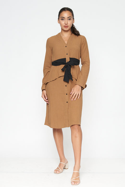 Long Sleeve V Neck Button Down Midi Coat Dress with Peplum and Contrast Black Tie (FL19C959) - Wholesale Fashion Couture 