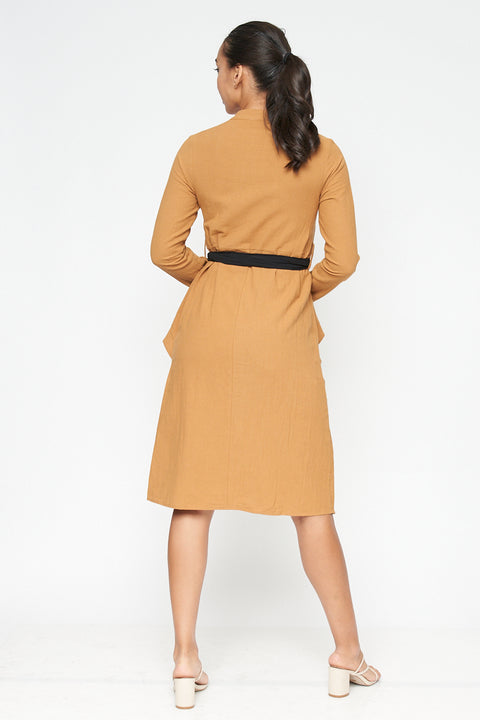 Long Sleeve V Neck Button Down Midi Coat Dress with Peplum and Contrast Black Tie (FL19C959) - Wholesale Fashion Couture 