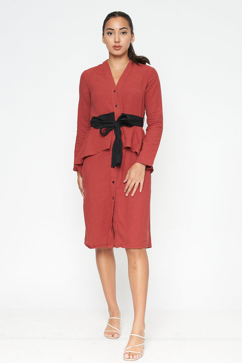 Long Sleeve V Neck Button Down Midi Coat Dress with Peplum and Contrast Black Tie (FL19C959) - Wholesale Fashion Couture 