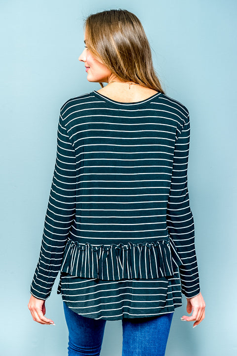 Striped Long Sleeve Crewneck T-Shirt with Contrast Peplum Ruffle in Black & White (D-72146) - Wholesale Fashion Couture 
