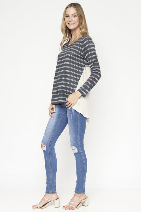 Stripe Cream Color Block Long Sleeve Knit Top (SW625) Teal / ( S,M,L- 2,2,2)