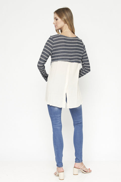 Stripe Cream Color Block Long Sleeve Knit Top (SW625) Teal / ( S,M,L- 2,2,2)