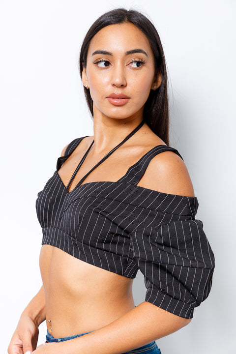 Stripe Off Shoulder Cuff Short Sleeve Vneck Crop Top* (DT8019A) - Wholesale Fashion Couture 