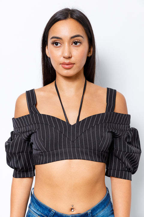 Stripe Off Shoulder Cuff Short Sleeve Vneck Crop Top* (DT8019A) - Wholesale Fashion Couture 