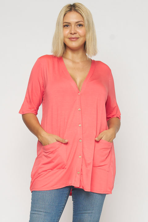 Plus Size 1/2 Sleeve Button Down Cardigan Top with Front Patch Pockets (1125AC/2958) - Wholesale Fashion Couture 
