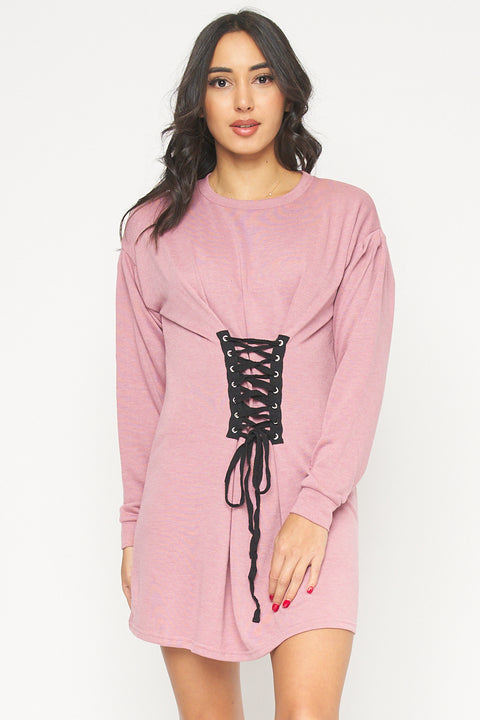Long Sleeve Round Neck Front Laceup Detail Mini Dress (4254DH) - Wholesale Fashion Couture 