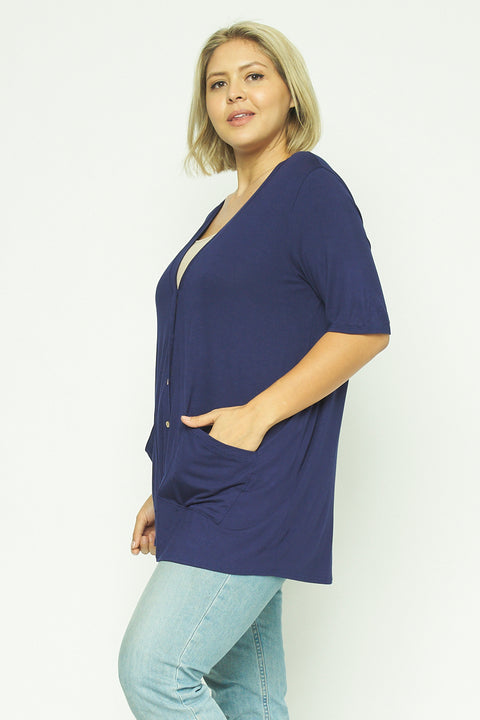 Plus Size 1/2 Sleeve Button Down Cardigan Top with Front Patch Pockets (1125AC/2958) - Wholesale Fashion Couture 