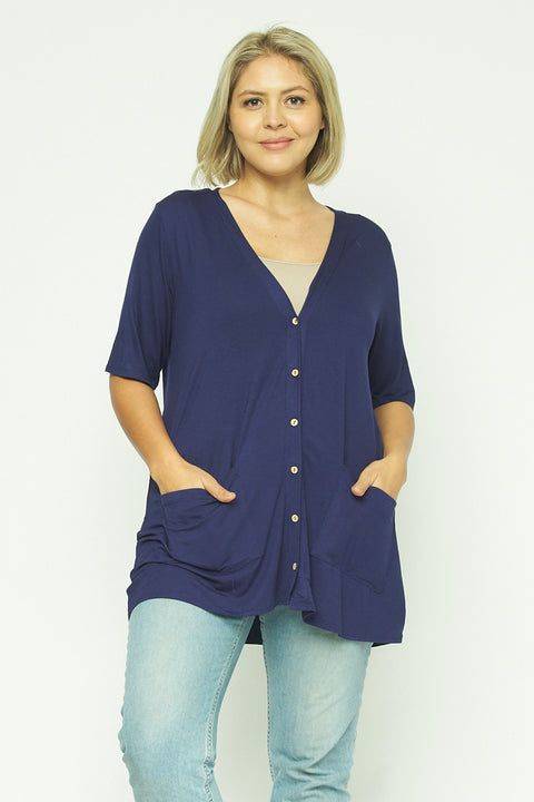 Plus Size 1/2 Sleeve Button Down Cardigan Top with Front Patch Pockets (1125AC/2958) - Wholesale Fashion Couture 