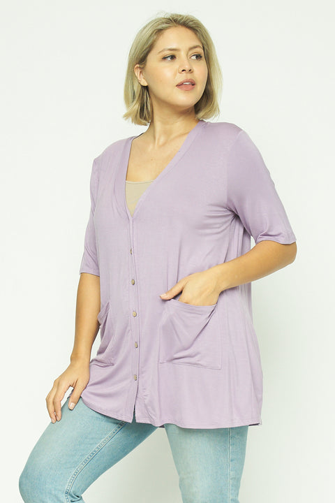 Plus Size 1/2 Sleeve Button Down Cardigan Top with Front Patch Pockets (1125AC/2958) - Wholesale Fashion Couture 