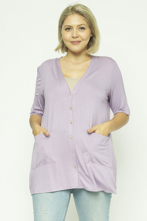 1/2 Sleeve Button Down Plus Size Cardigan Top Whit Front Patch Pockets (1125AC) Lavander / ( 1XL-2XL-3XL- 3-2-1)