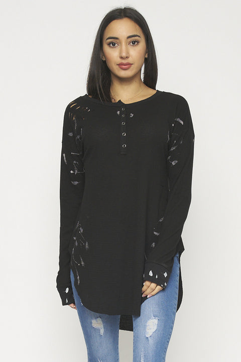 Long Sleeve Destroyed Knit Tshirt Top (FT75193T) Black / ( S-M-L- 3-2-1)