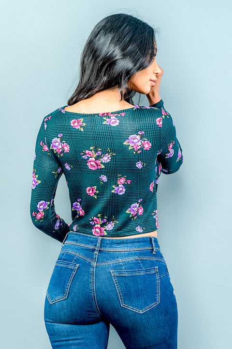 Blk Plaid Floral Long Sleeve Crew Neck Front Twist Detail Crop Top (AD2825) Green / ( S,M,L,XL- 1,2,2,1)