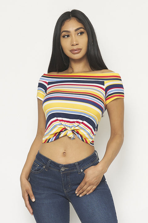 Short Sleeve Off Shoulder Front Tie Detail Crop Top (0008957) - Wholesale Fashion Couture 
