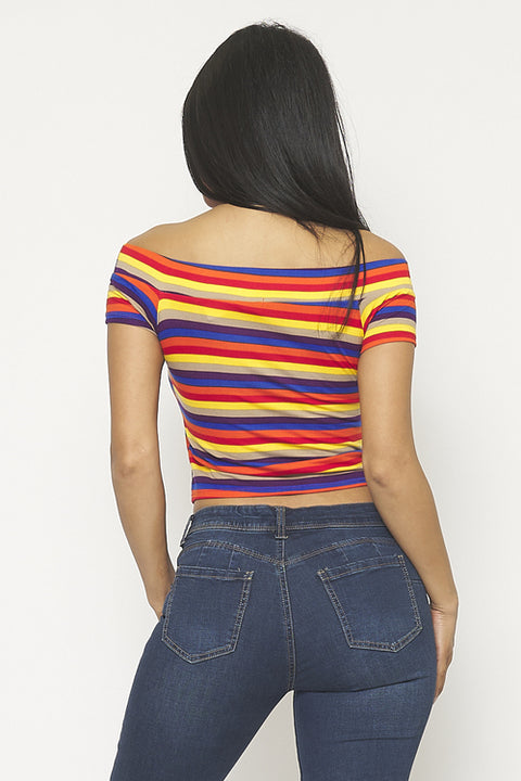 Short Sleeve Off Shoulder Front Tie Detail Crop Top (0008957) - Wholesale Fashion Couture 