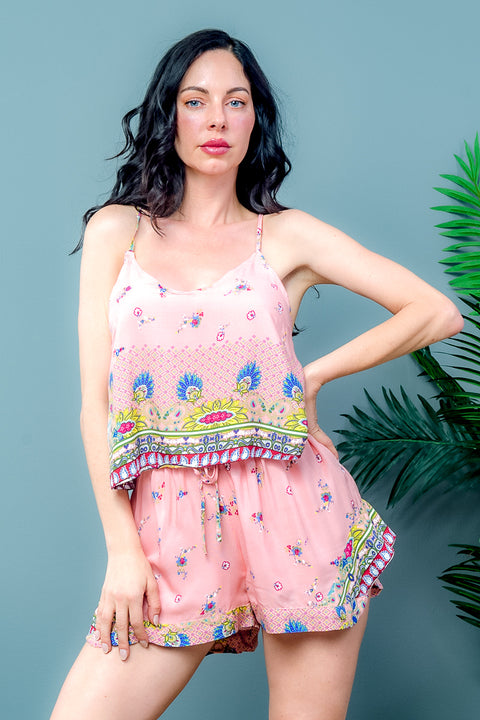 Elastic Waist Lining Short Spaguetti Strap Top Set (LT24575/LP80989) Blush / ( S,M,L- 2,2,2)