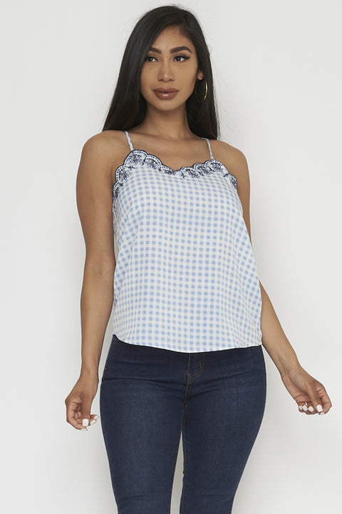 Gingham Plaid Spaghetti Strap Top with Floral Embroidered Scalloped V Neck Line and Keyhole Back(LBST1074) - Wholesale Fashion Couture 