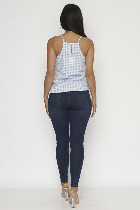 Gingham Plaid Spaghetti Strap Top with Floral Embroidered Scalloped V Neck Line and Keyhole Back(LBST1074) - Wholesale Fashion Couture 