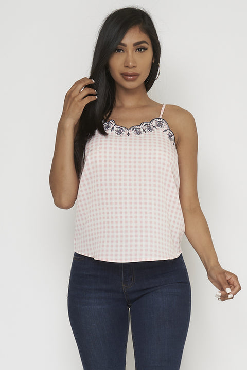 Gingham Plaid Spaghetti Strap Top with Floral Embroidered Scalloped V Neck Line and Keyhole Back(LBST1074) - Wholesale Fashion Couture 