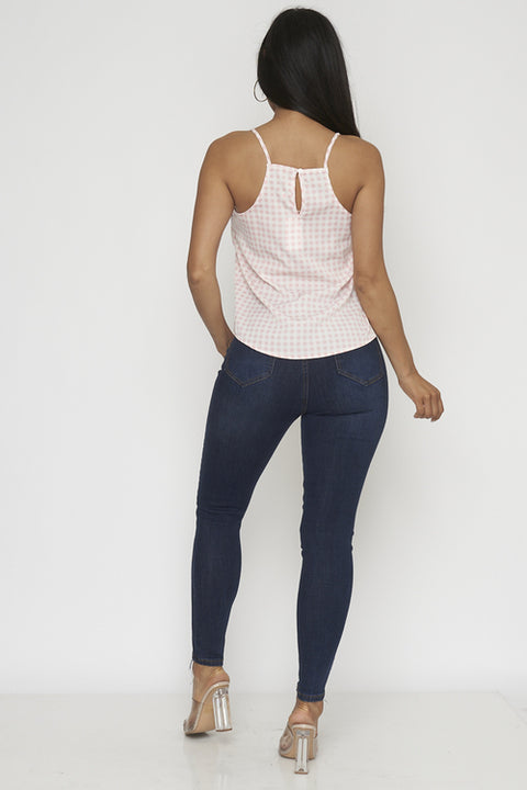 Gingham Plaid Spaghetti Strap Top with Floral Embroidered Scalloped V Neck Line and Keyhole Back(LBST1074) - Wholesale Fashion Couture 