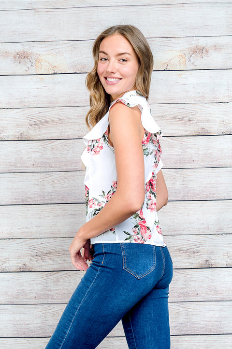 Floral Short Sleeve Chocker Top (52783T) Ivory / ( S-M-L- 2-2-2)