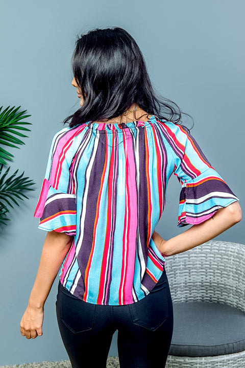 Multy Stripe Wide Bell Sleeve Off Shoulder Elastic Neckline Top (XT9083) - Wholesale Fashion Couture inc