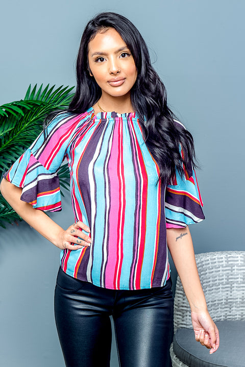 Multy Stripe Wide Bell Sleeve Off Shoulder Elastic Neckline Top (XT9083) - Wholesale Fashion Couture inc
