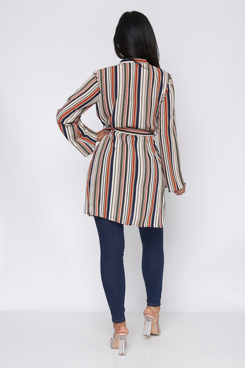 Long Sleeve Multi Color Striped Cardigan with Waist Tie (31750-CH833) - Wholesale Fashion Couture 