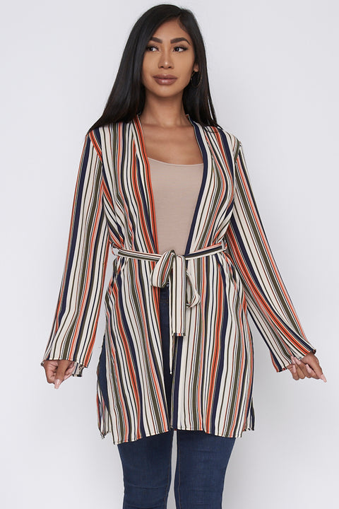 Long Sleeve Multi Color Striped Cardigan with Waist Tie (31750-CH833) - Wholesale Fashion Couture 