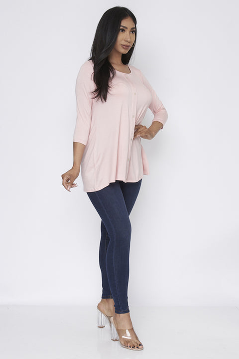3/4 Sleeve Solid Tunic Top (ZT202) Ligth-Pink / ( S-M-L-XL- 1-2-2-1)