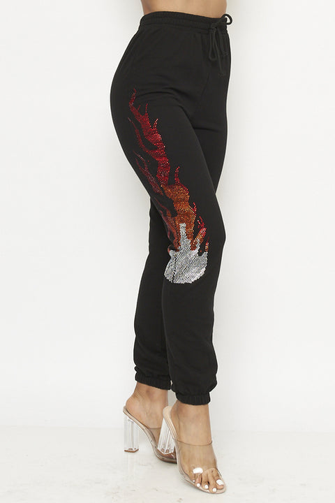 Rhinestone Flames Detail Elastic Waist Jogger Pants (1P2123) Black / ( XS-S-M-L-XL- 1-2-2-2-1)