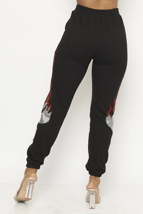 Rhinestone Flames Detail Elastic Waist Jogger Pants (1P2123) Black / ( XS-S-M-L-XL- 1-2-2-2-1)