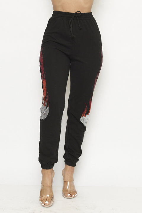 Rhinestone Flames Detail Elastic Waist Jogger Pants (1P2123) Black / ( XS-S-M-L-XL- 1-2-2-2-1)