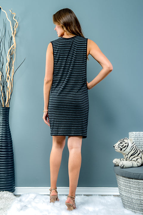 Charcoal Stripe Lining Sleeveless Round Neck Dress (13765) - Wholesale Fashion Couture 