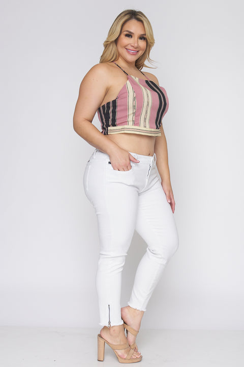 Plus Size Multi Color Striped Square Neck Spaghetti Strap Crop Top with Low Tie Back (ZB9386F4) - Wholesale Fashion Couture 
