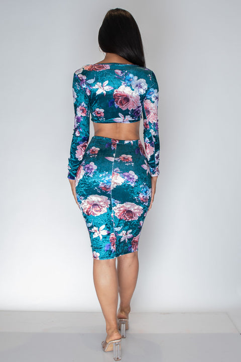 2 Piece Floral Velour Skirt Set (EMT0167) Green / ( S,M,L- 2,2,2)