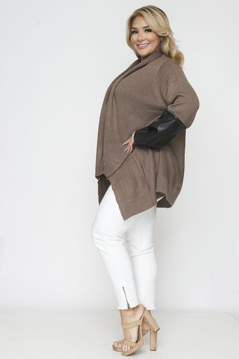 Plus Size Cardigan-Sweater P.U On Half Sleeve (XRSUF105) Taupe / ( 1XL-2XL-3XL- 2-2-2)