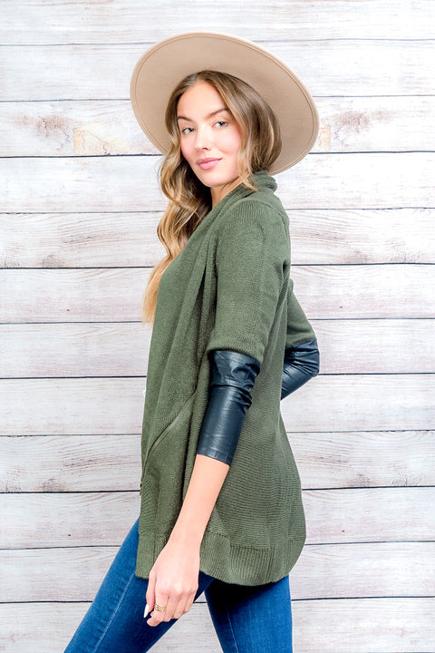 Cardigan-Sweater P.U On Half Sleeve (RSUF105) OliveBlack / ( S-M-L-XL- 1-2-2-1)