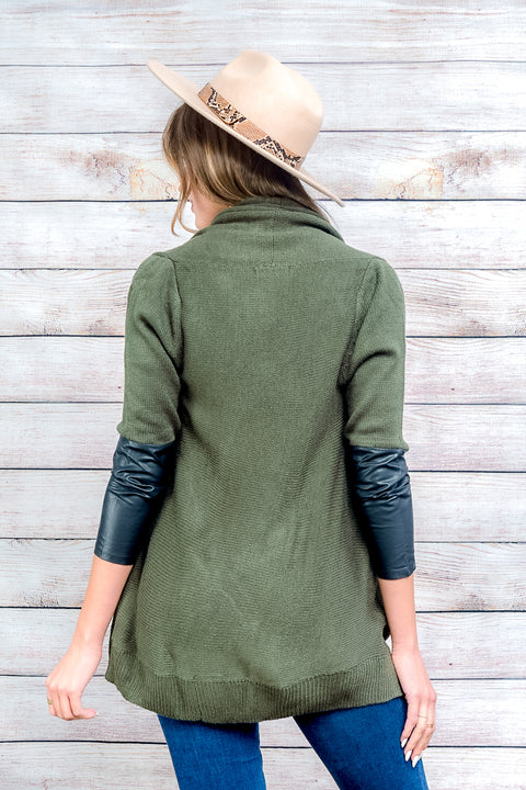 Cardigan-Sweater P.U On Half Sleeve (RSUF105) OliveBlack / ( S-M-L-XL- 1-2-2-1)