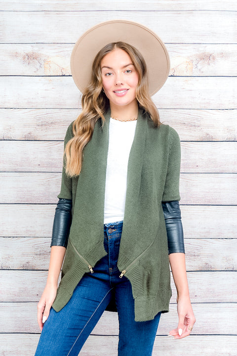 Cardigan-Sweater P.U On Half Sleeve (RSUF105) OliveBlack / ( S-M-L-XL- 1-2-2-1)